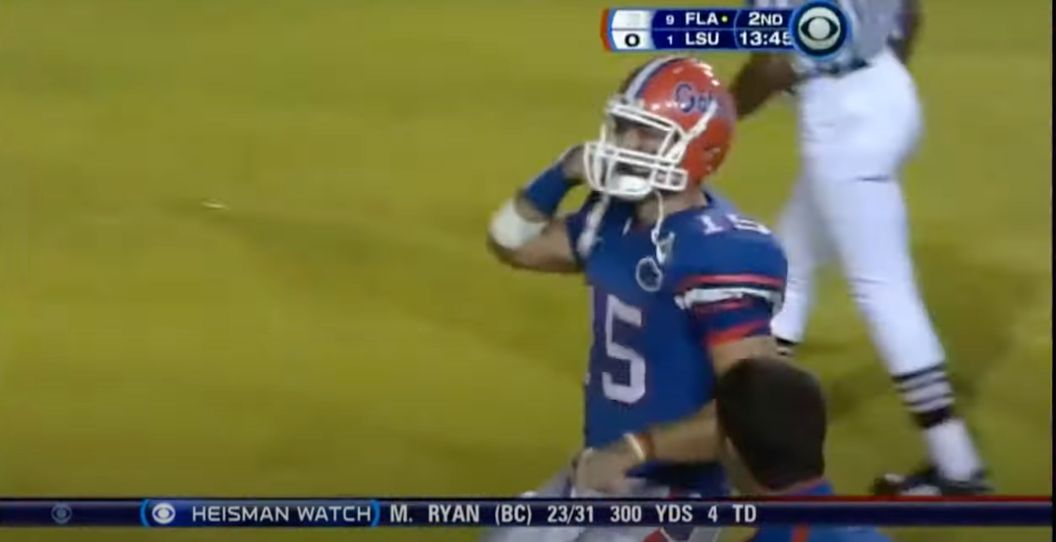 Tim Tebow does a phone celebration against LSU.