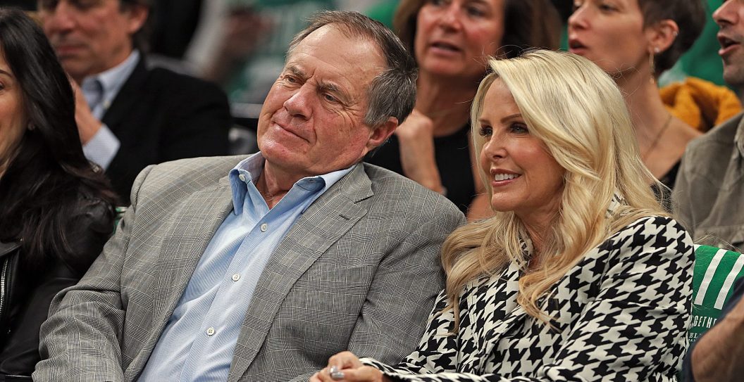 BOSTON, MA. - APRIL 17: Bill Belichick and his girlfriend Linda Holliday watch during the first quarter of Game 2 of a first-round NBA basketball playoff series against the Indiana Pacers at the TD Garden on April 17, 2019 in Boston, Massachusetts .