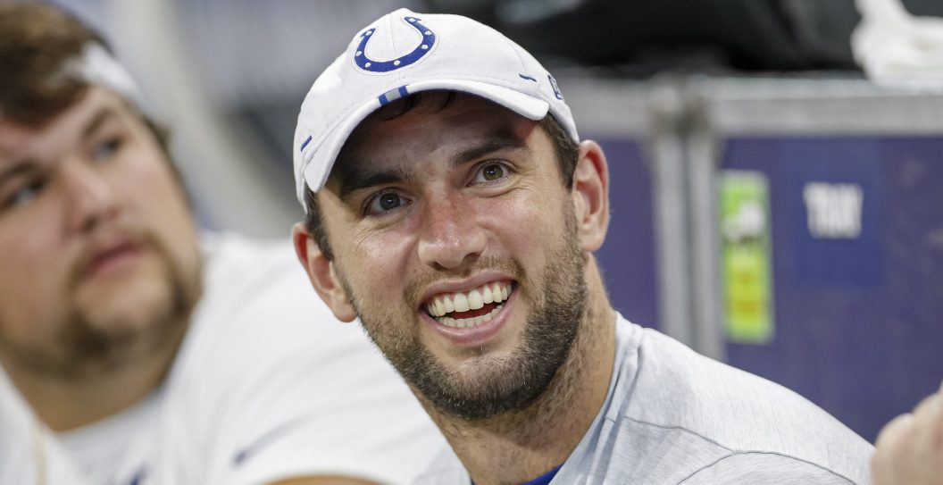 INDIANAPOLIS, IN - AUGUST 17: Quarterback Andrew Luck #12 of the Indianapolis Colts is seen in the bench area during the game against the Cleveland Browns at Lucas Oil Stadium on August 17, 2019 in Indianapolis, Indiana.