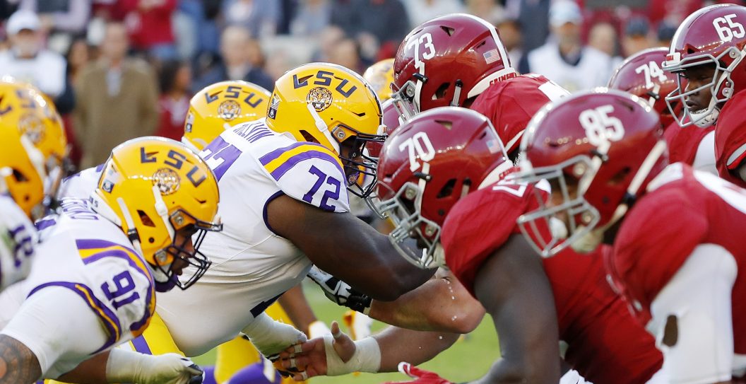 TUSCALOOSA, ALABAMA - NOVEMBER 09: A general view of action between the LSU Tigers defensive line and the Alabama Crimson Tide offensive line during the first half in the game at Bryant-Denny Stadium on November 09, 2019 in Tuscaloosa, Alabama.
