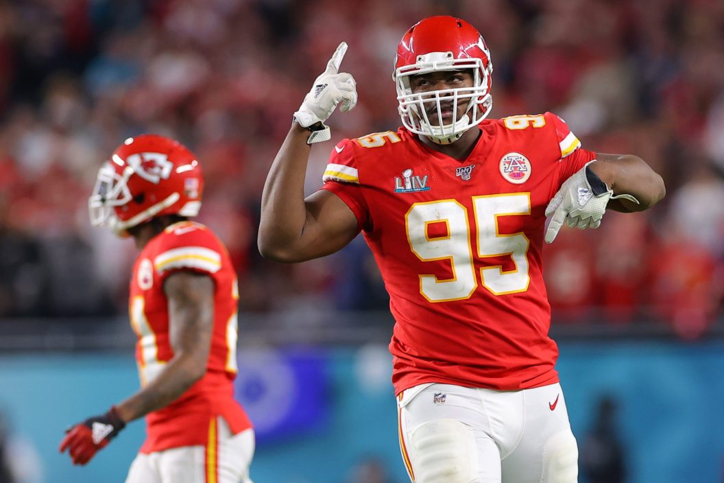 MIAMI, FLORIDA - FEBRUARY 02: Chris Jones #95 of the Kansas City Chiefs reacts during the game against the San Francisco 49ers in Super Bowl LIV at Hard Rock Stadium on February 02, 2020 in Miami, Florida.