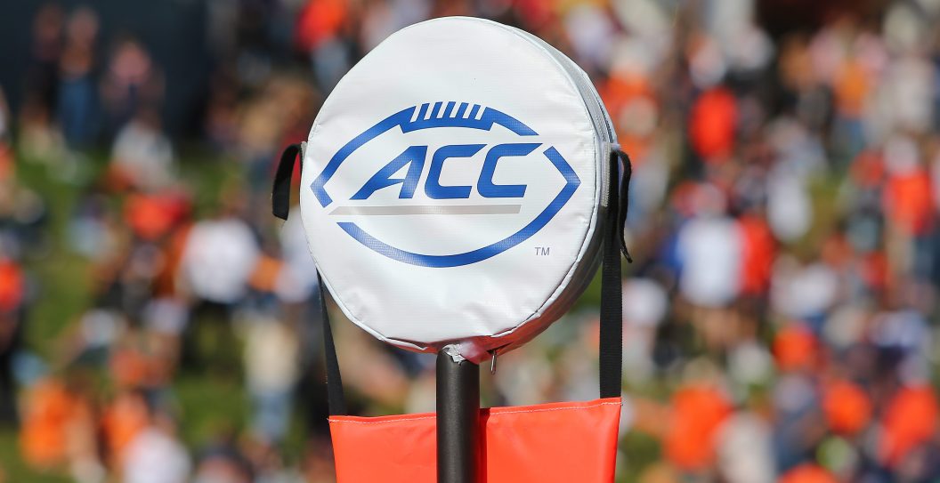 CHARLOTTESVILLE, VA - OCTOBER 29: ACC logo on the sidelines during a college football game between the Miami Hurricanes and the Virginia Cavaliers on October 29, 2022, at Scott Stadium in Charlottesville, VA.