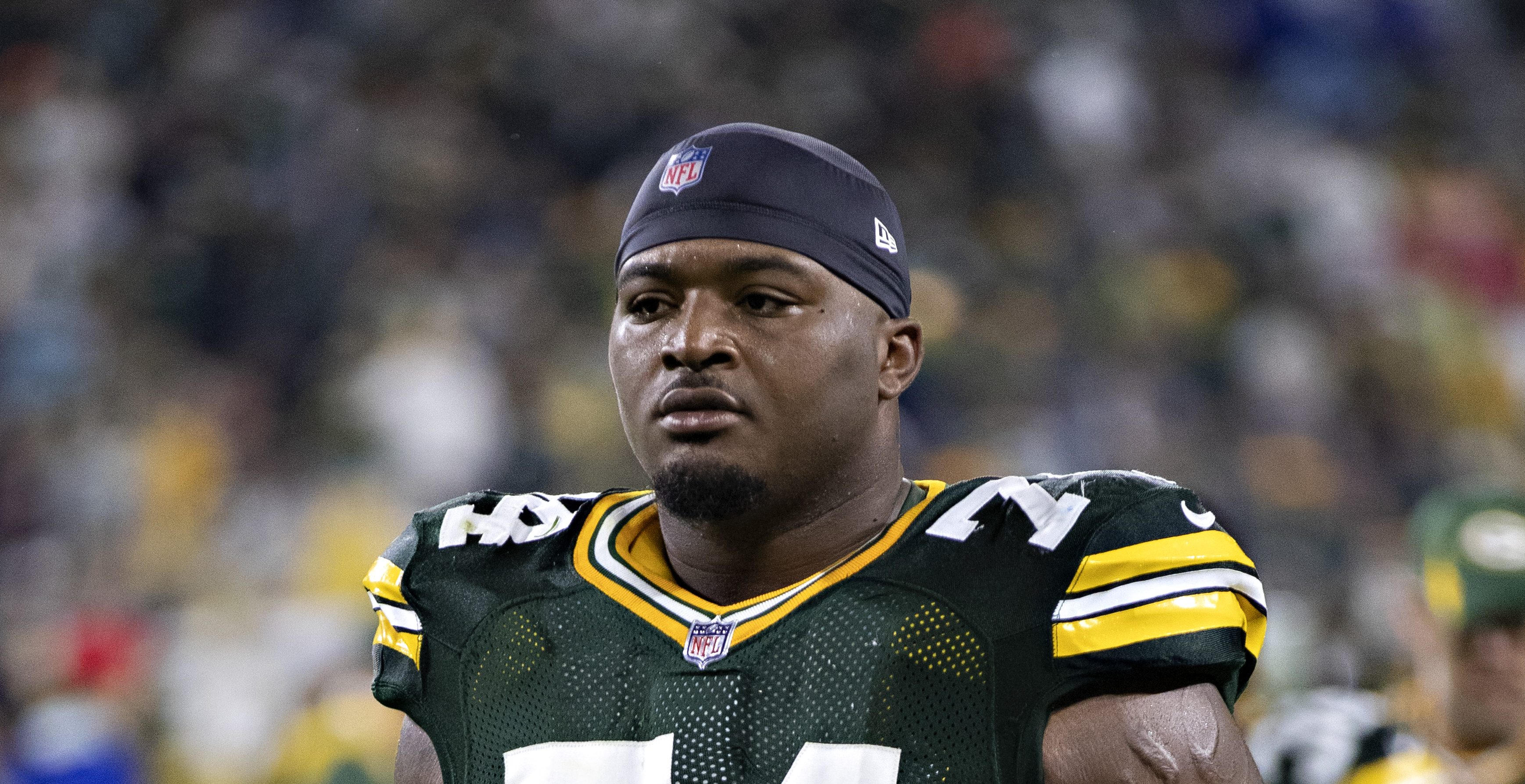 Aaron Jones of the Green Bay Packers lines up against the News Photo -  Getty Images