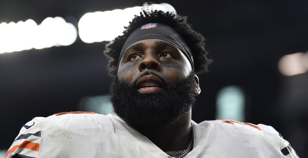 LAS VEGAS, NEVADA - OCTOBER 10: Offensive tackle Jason Peters #71 of the Chicago Bears reacts after a victory against the Las Vegas Raiders at Allegiant Stadium on October 10, 2021 in Las Vegas, Nevada. The Bears defeated the Raiders 20-9.