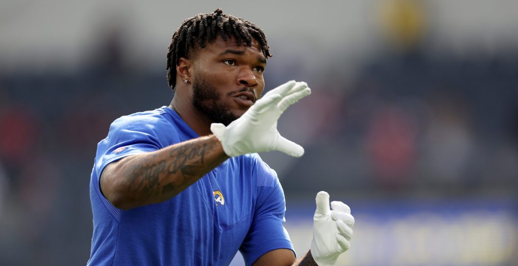 INGLEWOOD, CALIFORNIA - JANUARY 09: Cam Akers #23 of the Los Angeles Rams warms up before the game against the San Francisco 49ers at SoFi Stadium on January 09, 2022 in Inglewood, California.