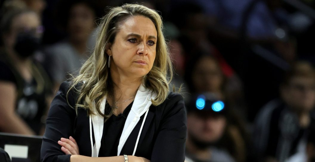 LAS VEGAS, NEVADA - AUGUST 17: Head coach Becky Hammon of the Las Vegas Aces looks on in the third quarter of Game One of the 2022 WNBA Playoffs first round against the Phoenix Mercury at Michelob ULTRA Arena on August 17, 2022 in Las Vegas, Nevada. The Aces defeated the Mercury 79-63. NOTE TO USER: User expressly acknowledges and agrees that, by downloading and or using this photograph, User is consenting to the terms and conditions of the Getty Images License Agreement.