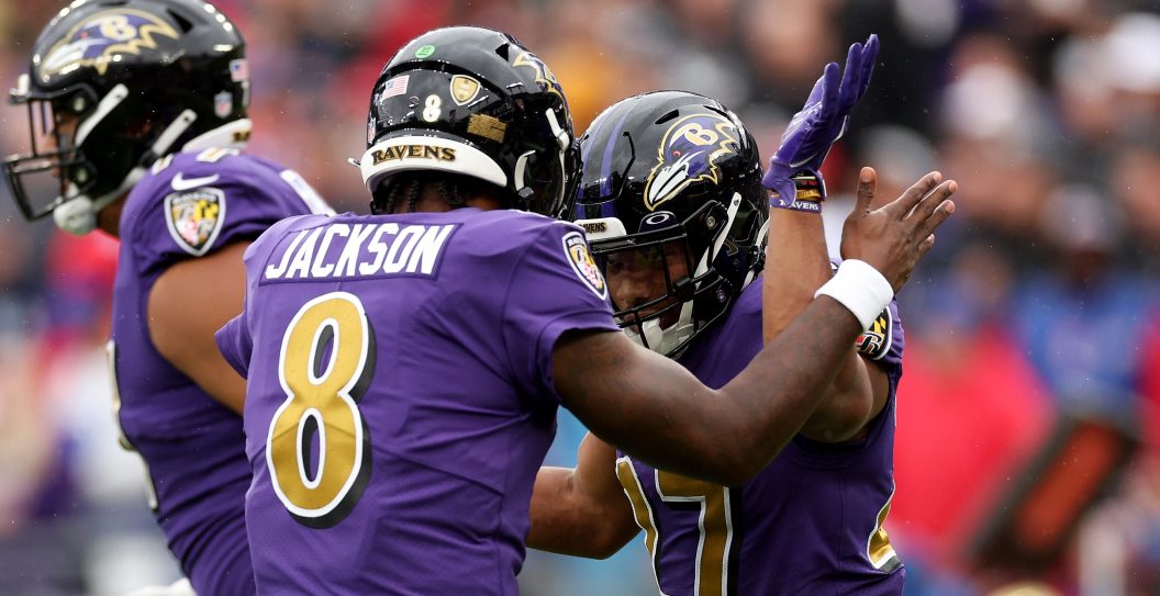 BALTIMORE, MARYLAND - OCTOBER 02: Lamar Jackson #8 and J.K. Dobbins #27 of the Baltimore Ravens celebrate after Dobbins scored a touchdown in the first quarter against the Buffalo Bills at M&T Bank Stadium on October 02, 2022 in Baltimore, Maryland.