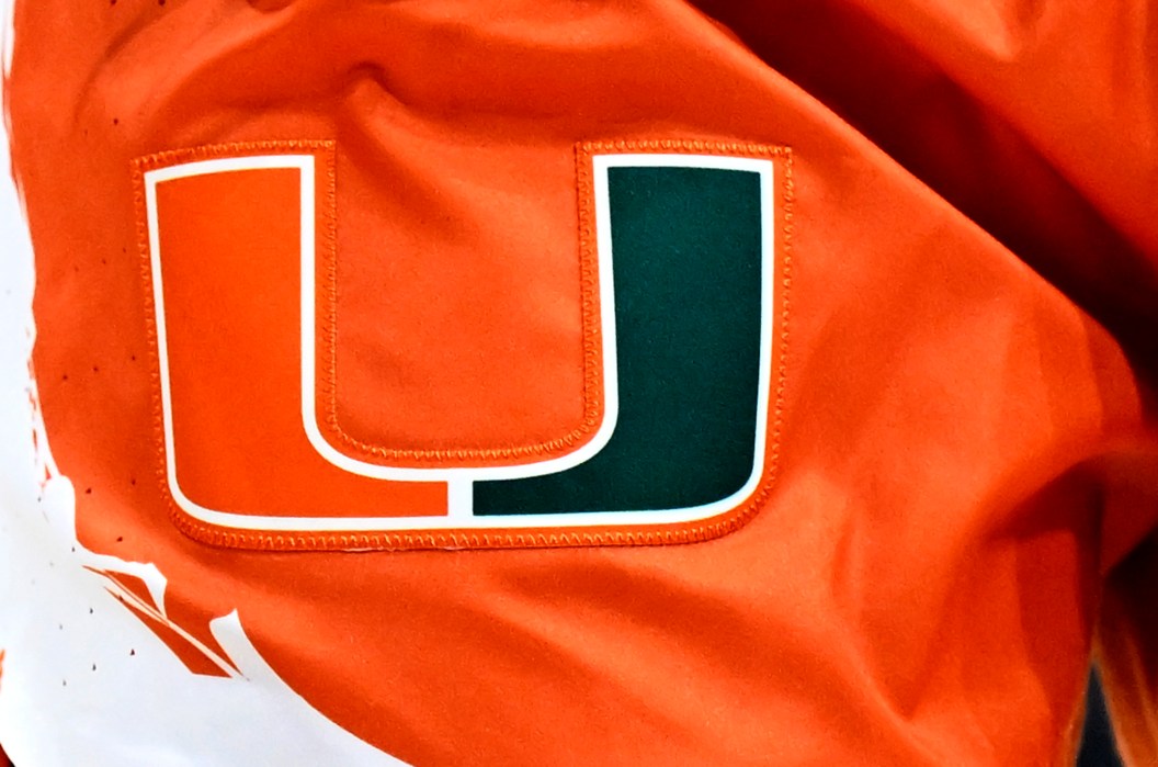 PITTSBURGH, PENNSYLVANIA - JANUARY 01: A view of the Miami Hurricanes logo on their uniform during the game against the Pittsburgh Panthers at Petersen Events Center on January 01, 2023 in Pittsburgh, Pennsylvania. (Photo by G Fiume/Getty Images)