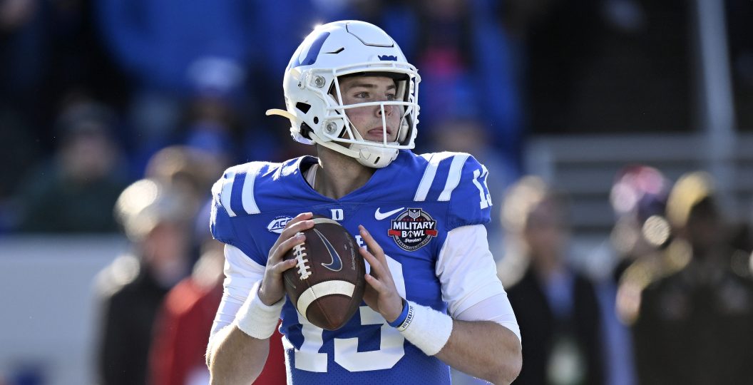 ANNAPOLIS, MARYLAND - DECEMBER 28: Riley Leonard #13 of the Duke Blue Devils drops back to pass against the UCF Knights in the Military Bowl Presented by Peraton at Navy-Marine Corps Memorial Stadium on December 28, 2022 in Annapolis, Maryland.