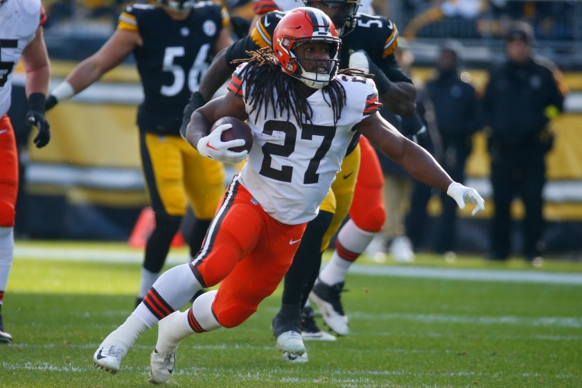 PITTSBURGH, PA - JANUARY 08:  Kareem Hunt #27 of the Cleveland Browns in action against the Pittsburgh Steelers on January 8, 2022 at Acrisure Stadium in Pittsburgh, Pennsylvania.  
