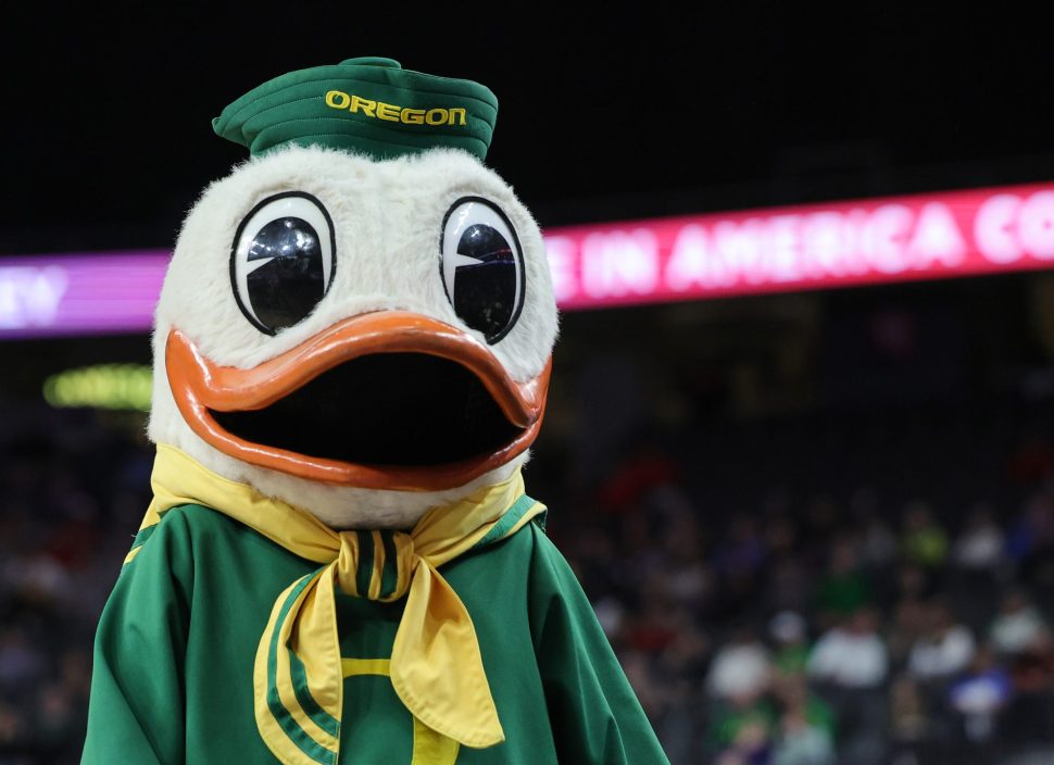 LAS VEGAS, NEVADA - MARCH 09: The Oregon Ducks mascot The Duck walks on the field