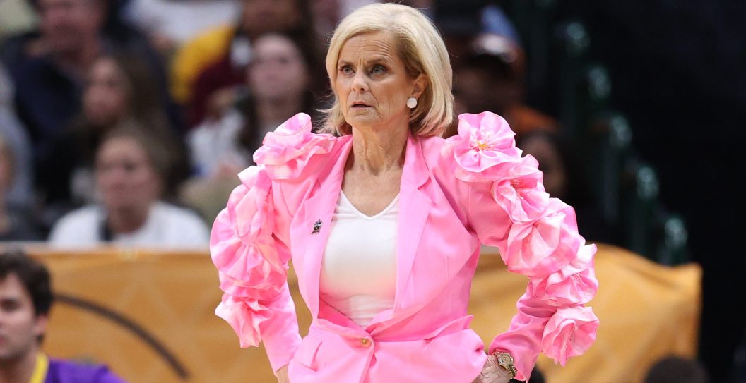DALLAS, TEXAS - MARCH 31: Head coach Kim Mulkey of the LSU Lady Tigers is seen during the third quarter against the Virginia Tech Hokies during the 2023 NCAA Women's Basketball Tournament Final Four semifinal game at American Airlines Center on March 31, 2023 in Dallas, Texas.