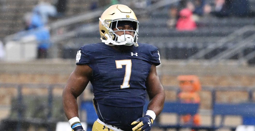 SOUTH BEND, INDIANA - APRIL 22: Audric Estimé #7 of Notre Dame Fighting Irish during the Notre Dame Blue-Gold Spring Football Game at Notre Dame Stadium on April 22, 2023 in South Bend, Indiana.