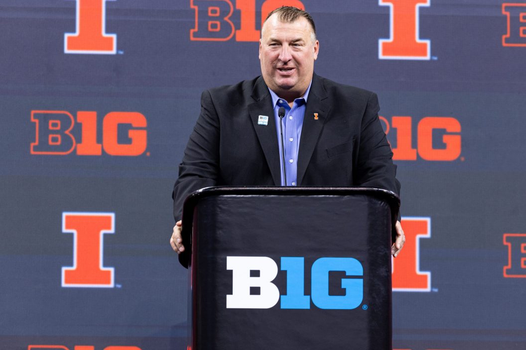 INDIANAPOLIS, INDIANA - JULY 26: Head coach Bret Bielema of the Illinois Fighting Illini speaks at Big Ten football media days at Lucas Oil Stadium on July 26, 2023 in Indianapolis, Indiana.