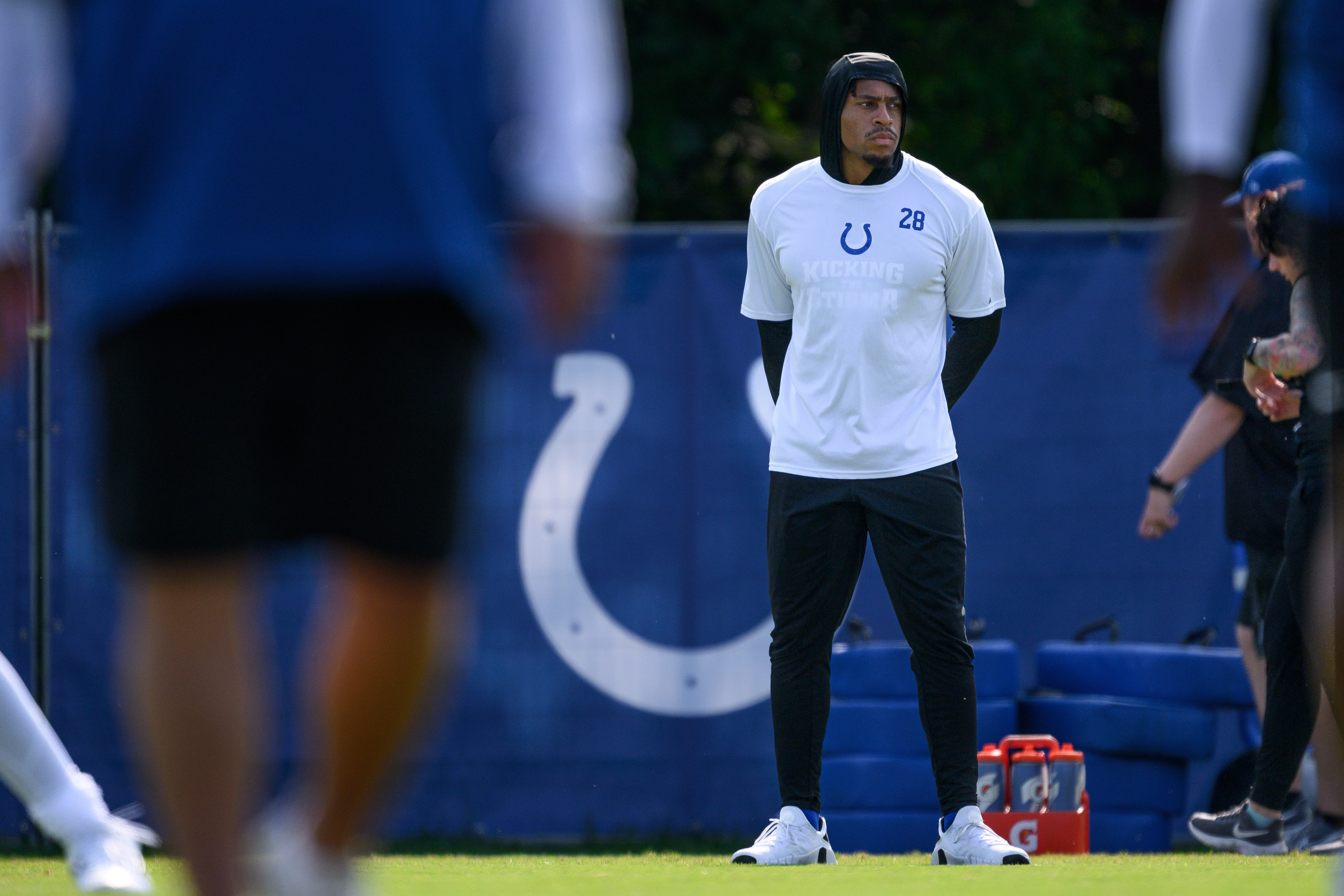 WESTFIELD, IN - AUGUST 01: Indianapolis Colts running back Jonathan Taylor (28) watches a drill from the sidelines during the Indianapolis Colts Training Camp on August 1, 2023 at the Grand Park Sports Campus in Westfield, IN. 