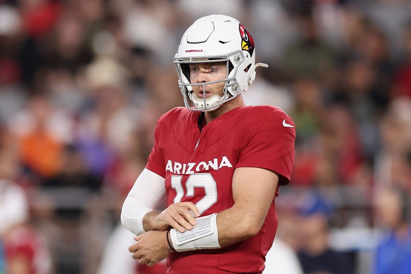 GLENDALE, ARIZONA - AUGUST 11: Quarterback Colt McCoy #12 of the Arizona Cardinals during the NFL game at State Farm Stadium on August 11, 2023 in Glendale, Arizona.  The Cardinals defeated the Broncos 18-17.  