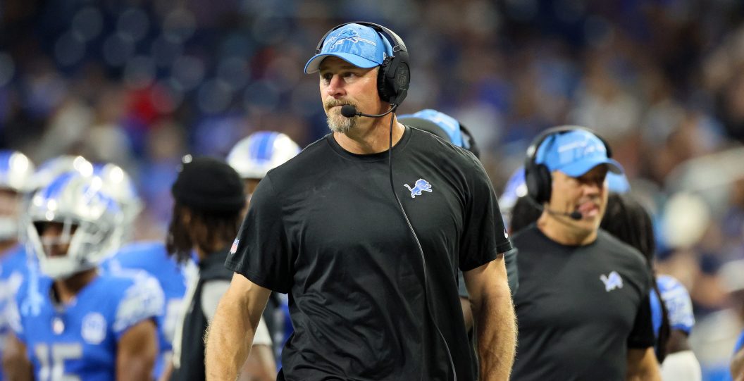 Detroit Lions head coach Dan Campbell looks on from th sidelines during an NFL preseason football game opener against the New York Giants in Detroit, Michigan USA, on Friday, August 11, 2023.