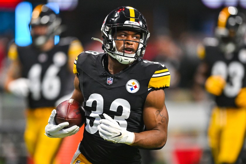 ATLANTA, GA  AUGUST 24:  Pittsburgh running back Xazavian Valladay (33) warms up prior to the start of the NFL game between the Pittsburgh Steelers and the Atlanta Falcons on August 24th, 2023 at Mercedes-Benz Stadium in Atlanta, GA.  
