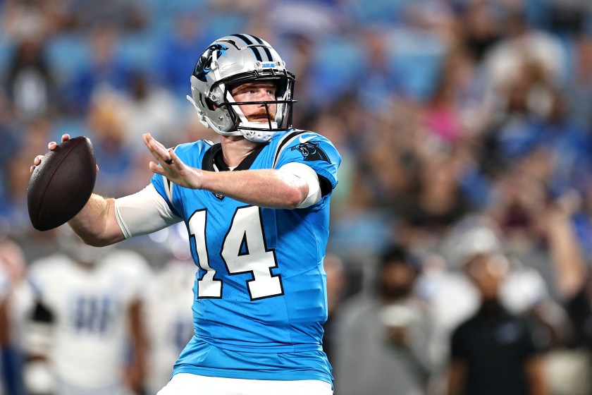 CHARLOTTE, NORTH CAROLINA - AUGUST 25: Andy Dalton #14 of the Carolina Panthers attempts a pass during the second quarter of a preseason game against the Detroit Lions at Bank of America Stadium on August 25, 2023 in Charlotte, North Carolina. 