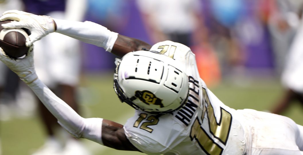 FORT WORTH, TX - SEPTEMBER 2: Travis Hunter #12 of the Colorado Buffaloes dives for a pass against the TCU Horned Frogs during the first half at Amon G. Carter Stadium on September 2, 2023 in Fort Worth, Texas.