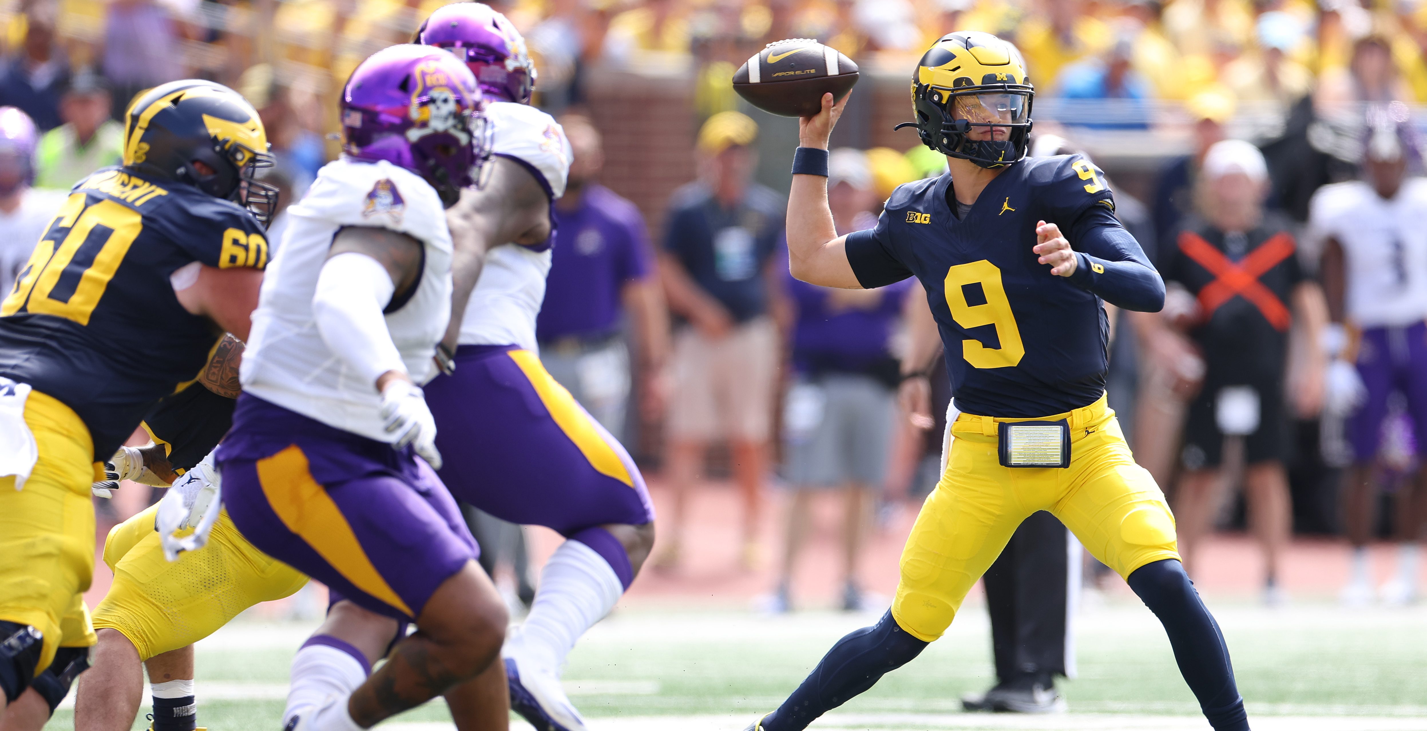 ANN ARBOR, MICHIGAN - SEPTEMBER 02: J.J. McCarthy #9 of the Michigan Wolverines throws a first quarter pass while playing the East Carolina Pirates at Michigan Stadium on September 02, 2023 in Ann Arbor, Michigan.