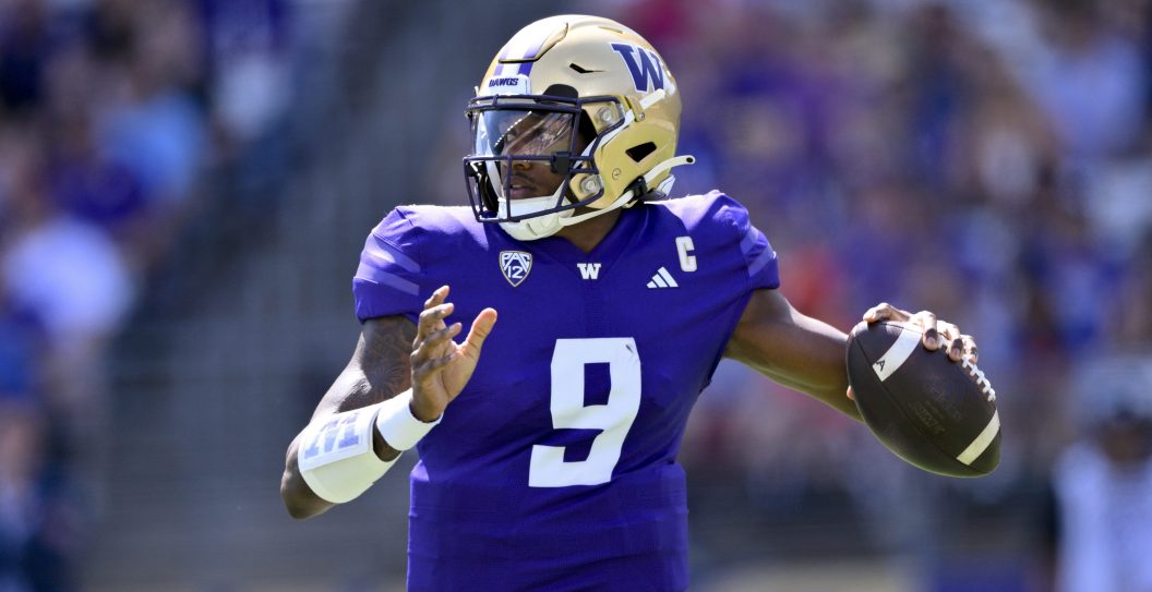 SEATTLE, WASHINGTON - SEPTEMBER 02: Michael Penix Jr. #9 of the Washington Huskies throws the ball during the first quarter against the Boise State Broncos at Husky Stadium on September 02, 2023 in Seattle, Washington.