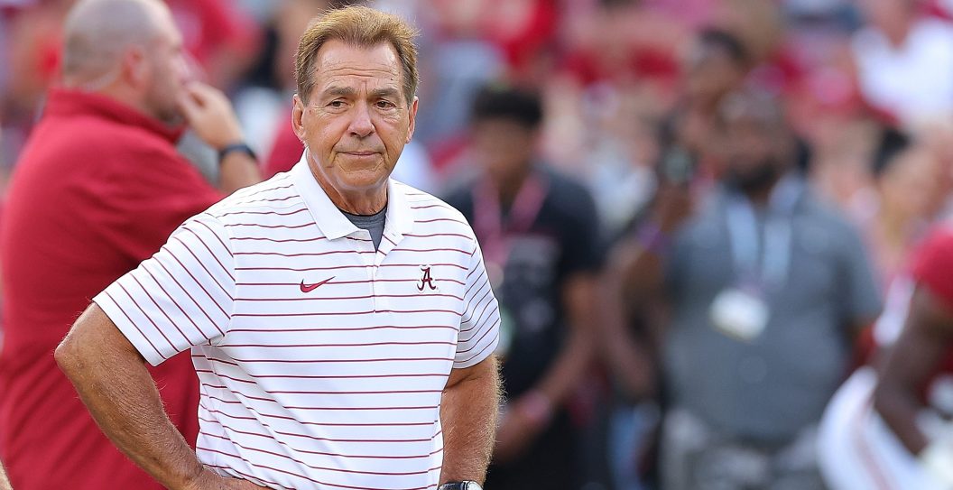 TUSCALOOSA, ALABAMA - SEPTEMBER 02: Head coach Nick Saban of the Alabama Crimson Tide during warms up prior to facing the Middle Tennessee Blue Raiders at Bryant-Denny Stadium on September 02, 2023 in Tuscaloosa, Alabama.