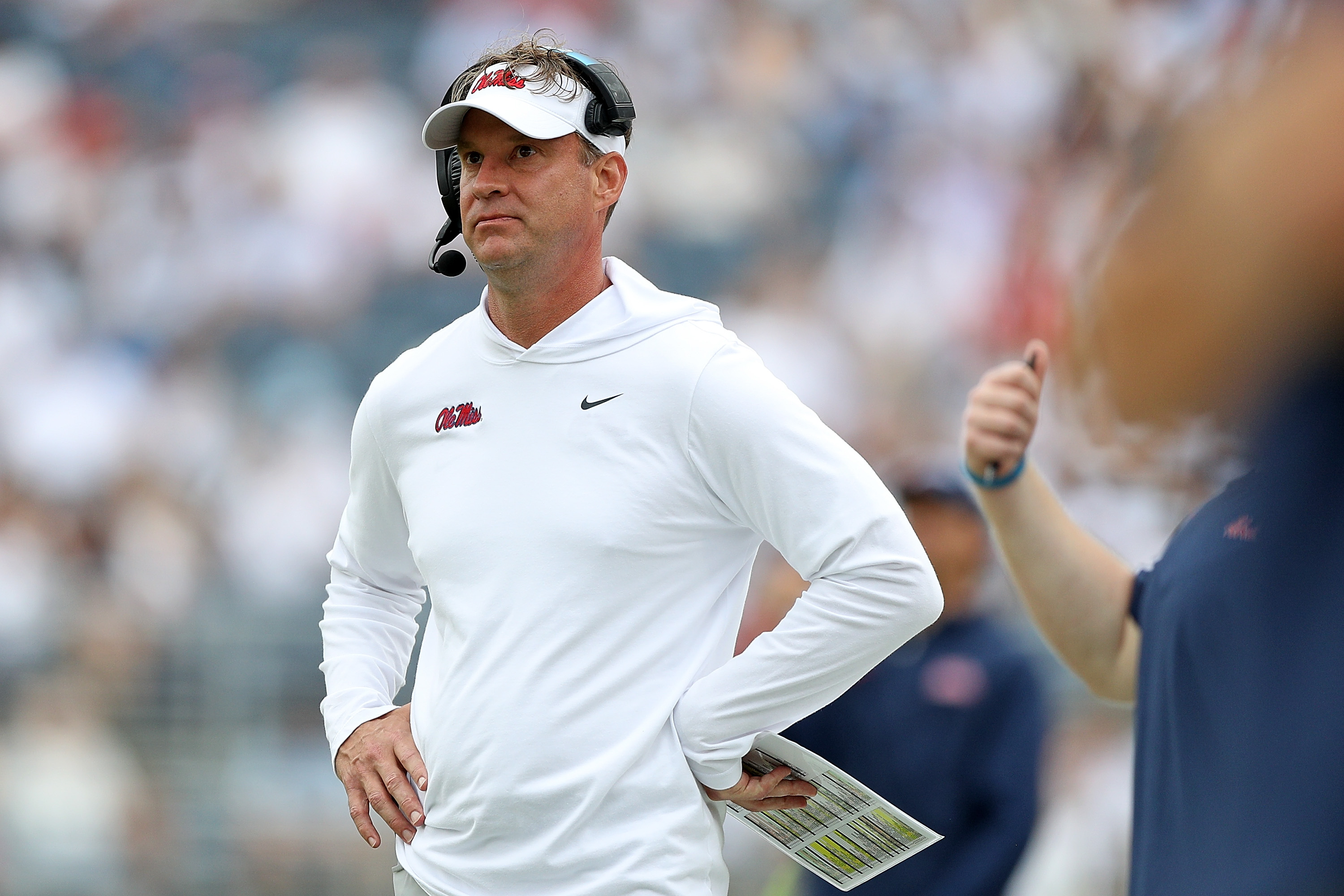 OXFORD, MISSISSIPPI - SEPTEMBER 02: Head coach Lane Kiffin of the Mississippi Rebels  during the game against the Mercer Bears at Vaught-Hemingway Stadium on September 02, 2023 in Oxford, Mississippi. 