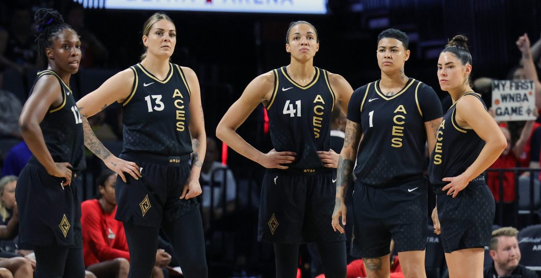 LAS VEGAS, NEVADA - SEPTEMBER 02: Chelsea Gray #12, Cayla George #13, Kiah Stokes #41, Kierstan Bell #1 and Kelsey Plum #10 of the Las Vegas Aces stand on the court at the start of the second quarter of their game against the Seattle Storm at Michelob ULTRA Arena on September 02, 2023 in Las Vegas, Nevada. The Aces defeated the Storm 103-77. NOTE TO USER: User expressly acknowledges and agrees that, by downloading and or using this photograph, User is consenting to the terms and conditions of the Getty Images License Agreement. (