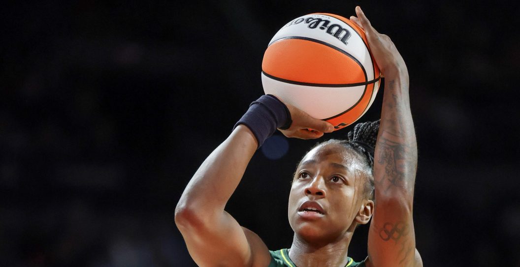 LAS VEGAS, NEVADA - SEPTEMBER 02: Jewell Loyd #24 of the Seattle Storm shoots a free throw against the Las Vegas Aces in the second quarter of their game at Michelob ULTRA Arena on September 02, 2023 in Las Vegas, Nevada. The Aces defeated the Storm 103-77. NOTE TO USER: User expressly acknowledges and agrees that, by downloading and or using this photograph, User is consenting to the terms and conditions of the Getty Images License Agreement.