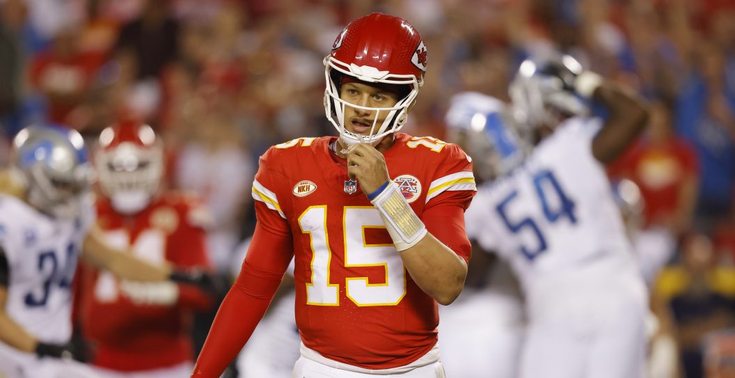 KANSAS CITY, MISSOURI - SEPTEMBER 07: Patrick Mahomes #15 of the Kansas City Chiefs reacts during their game against the Detroit Lions at GEHA Field at Arrowhead Stadium on September 07, 2023 in Kansas City, Missouri.