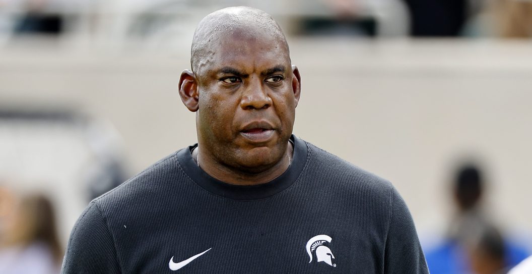 EAST LANSING, MICHIGAN - SEPTEMBER 09: Mel Tucker head coach of the Michigan State Spartans looks on before a game against the Richmond Spiders at Spartan Stadium on September 09, 2023 in East Lansing, Michigan.