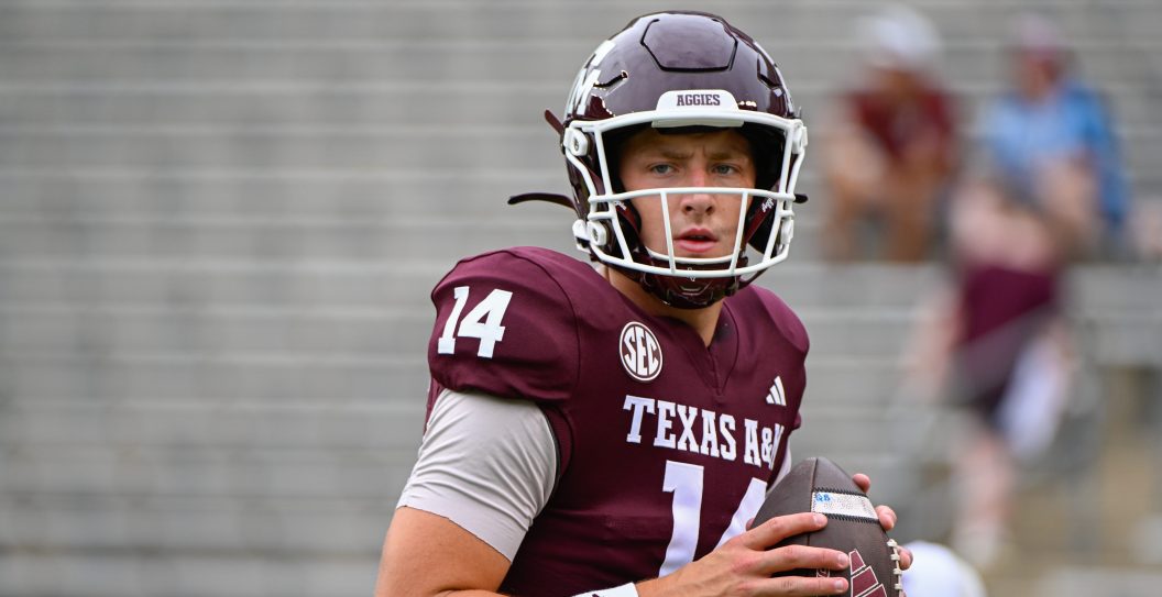 COLLEGE STATION, TX - SEPTEMBER 16: Texas A&M Aggies quarterback Max Johnson (14) warms up before the football game between the Louisiana Monroe Warhawks and Texas A&M Aggies at Kyle Field on September 16, 2023 in College Station, Texas.