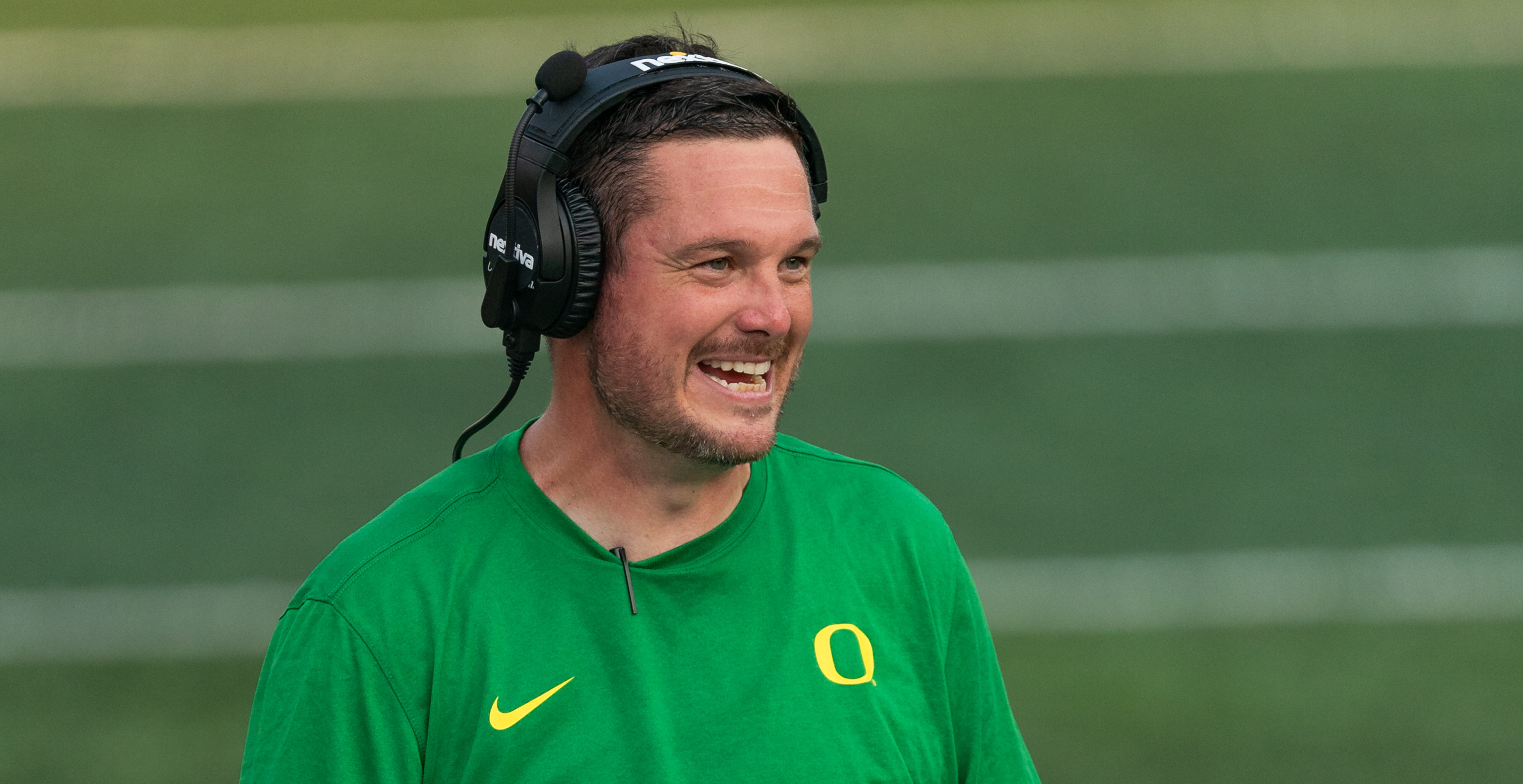 EUGENE, OREGON - SEPTEMBER 16: Head Coach Dan Lanning of the Oregon Ducks looks on from the sideline during the first half of the game against the Hawaii Rainbow Warriors at Autzen Stadium on September 16, 2023 in Eugene, Oregon.