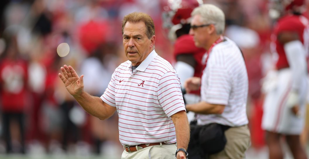 TUSCALOOSA, ALABAMA - SEPTEMBER 09: Head coach Nick Saban of the Alabama Crimson Tide reacts prior to a game against the Texas Longhorns at Bryant-Denny Stadium on September 09, 2023 in Tuscaloosa, Alabama.