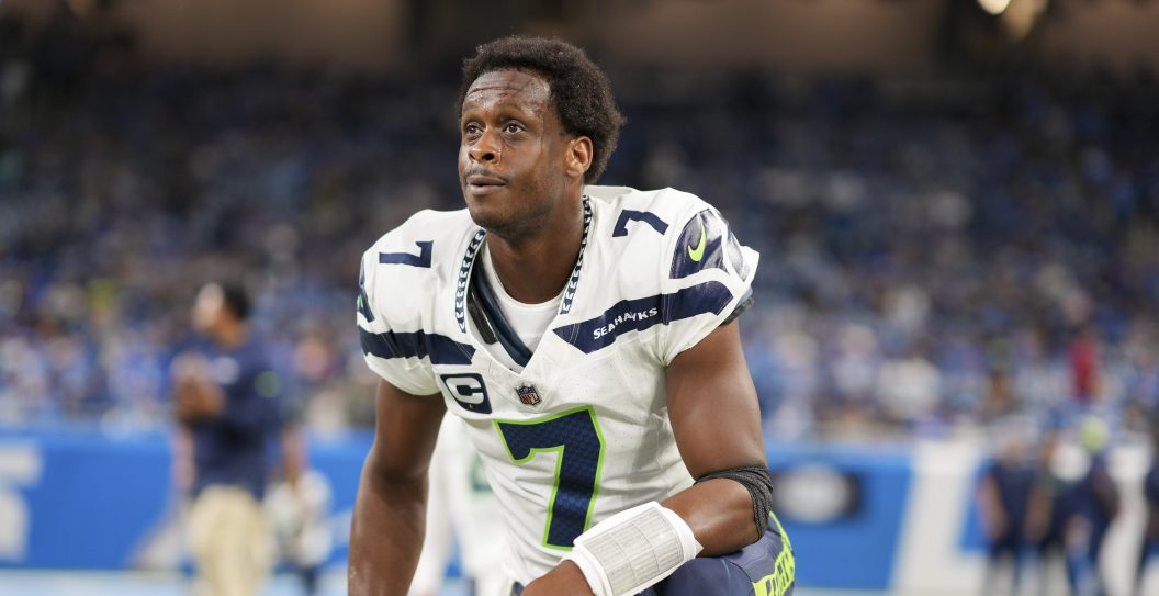 DETROIT, MI - SEPTEMBER 17: Quarterback Geno Smith #7 of the Seattle Seahawks warms up prior to an NFL football game against the Detroit Lions at Ford Field on September 17, 2023 in Detroit, Michigan.