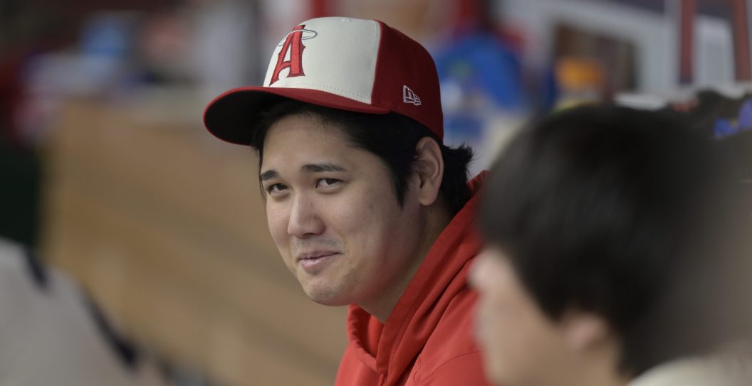 ANAHEIM, CALIFORNIA - SEPTEMBER 17: Shohei Ohtani #17 of the Los Angeles Angels in the dugout while playing the Detroit Tigers at Angel Stadium of Anaheim on September 17, 2023 in Anaheim, California.