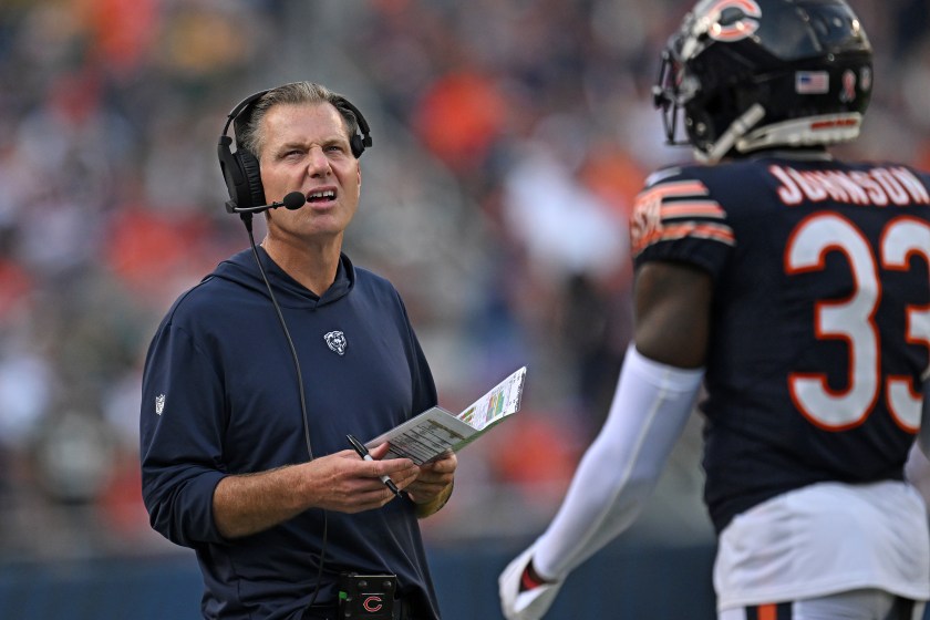 CHICAGO, ILLINOIS - SEPTEMBER 10: Head coach Matt Eberflus of the Chicago Bears reacts against the Green Bay Packers during the second half at Soldier Field on September 10, 2023 in Chicago, Illinois. 