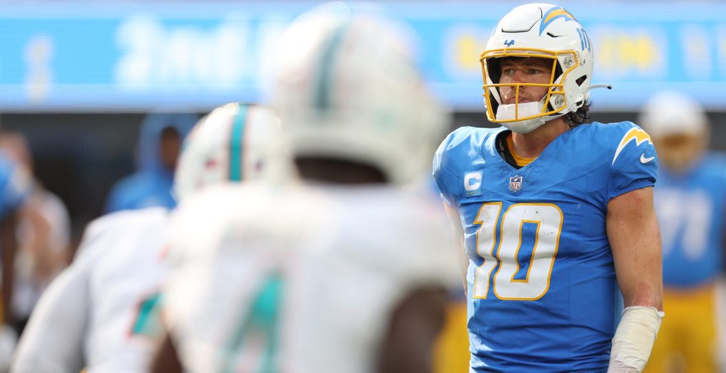 INGLEWOOD, CALIFORNIA - SEPTEMBER 10: Justin Herbert #10 of the Los Angeles Chargers during a 36-34 loss to the Miami Dolphins at SoFi Stadium on September 10, 2023 in Inglewood, California.