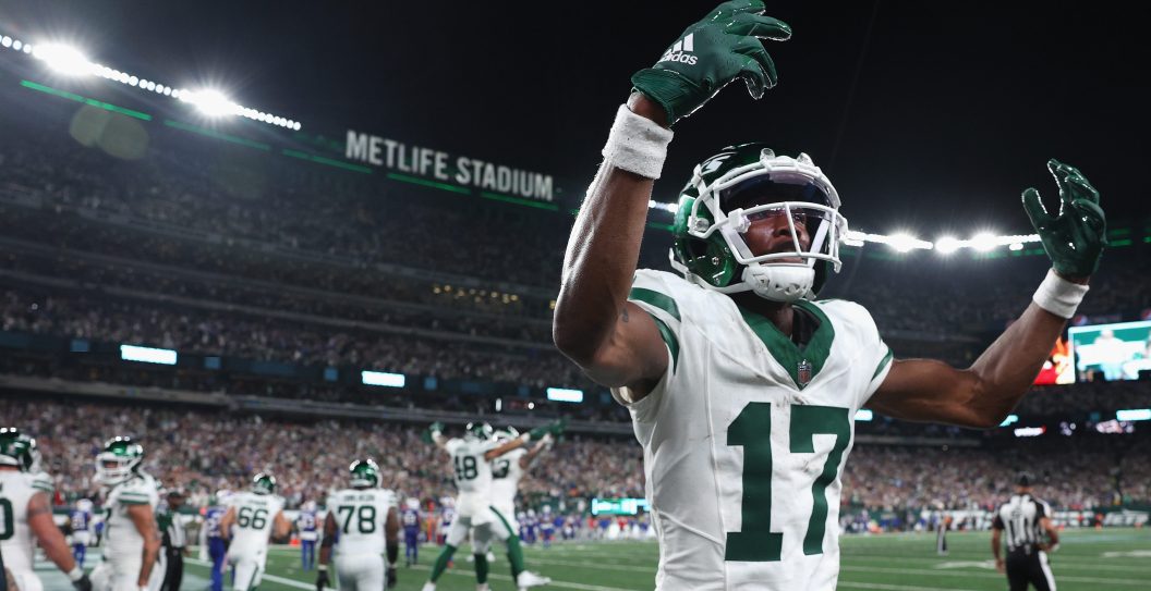 EAST RUTHERFORD, NEW JERSEY - SEPTEMBER 11: Wide receiver Garrett Wilson #17 of the New York Jets reacts during the fourth quarter of the NFL game against the Buffalo Bills at MetLife Stadium on September 11, 2023 in East Rutherford, New Jersey.