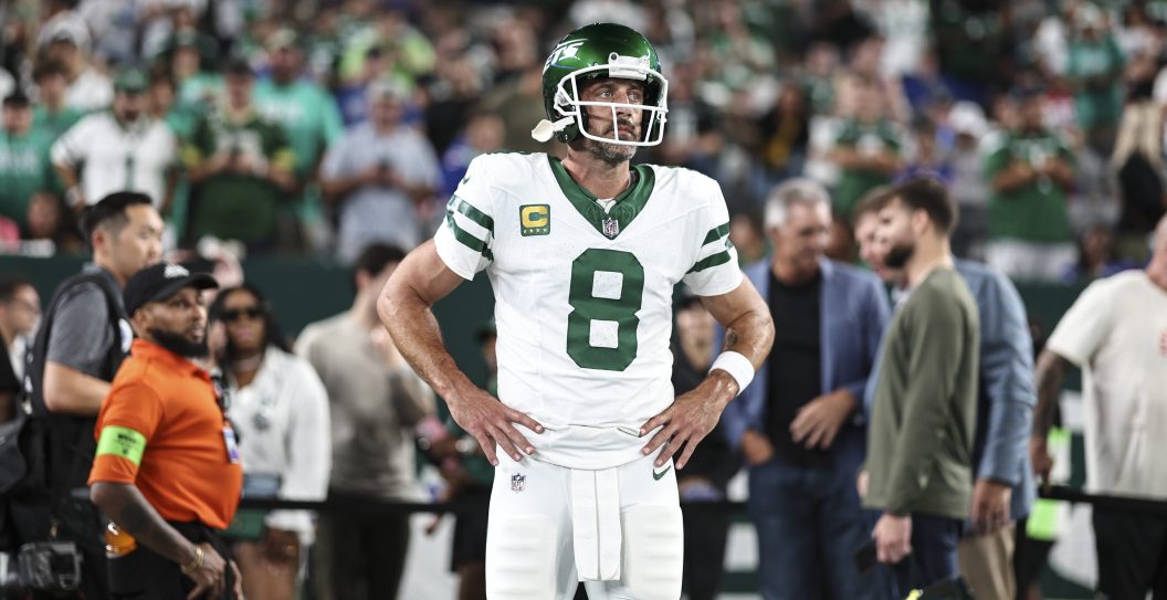 EAST RUTHERFORD, NEW JERSEY - SEPTEMBER 11: Aaron Rodgers #8 of the New York Jets looks on prior to a game against the Buffalo Bills at MetLife Stadium on September 11, 2023 in East Rutherford, New Jersey.