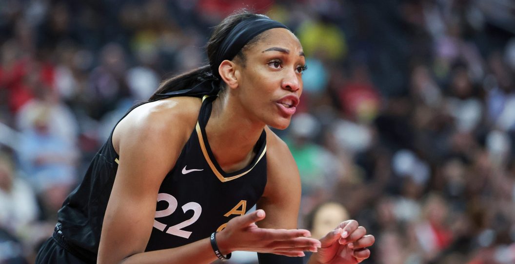 LAS VEGAS, NEVADA - SEPTEMBER 13: A'ja Wilson #22 of the Las Vegas Aces talks to teammates as the Chicago Sky shoot a free throw in the first quarter of Game One of the 2023 WNBA Playoffs first round at T-Mobile Arena on September 13, 2023 in Las Vegas, Nevada. The Aces defeated the Sky 87-59. NOTE TO USER: User expressly acknowledges and agrees that, by downloading and or using this photograph, User is consenting to the terms and conditions of the Getty Images License Agreement.