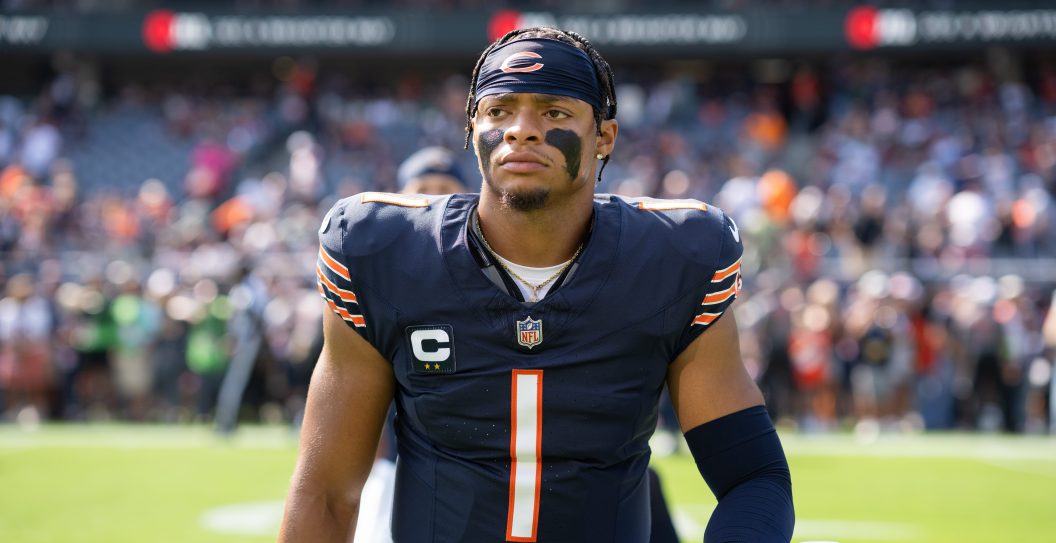 CHICAGO, IL - SEPTEMBER 10: Quarterback Justin Fields #1 of the Chicago Bears warms up prior to an NFL football game against the Green Bay Packers at Soldier Field on September 10, 2023 in Chicago, Illinois.