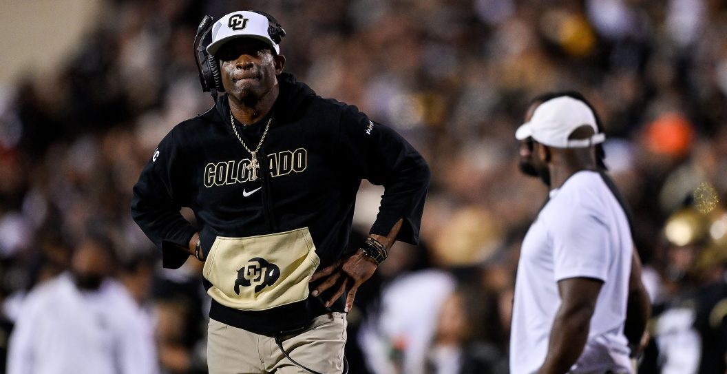 BOULDER, CO - SEPTEMBER 16: Head coach Deion Sanders of the Colorado Buffaloes looks on from the sideline in the third quarter against the Colorado State Rams at Folsom Field on September 16, 2023 in Boulder, Colorado.