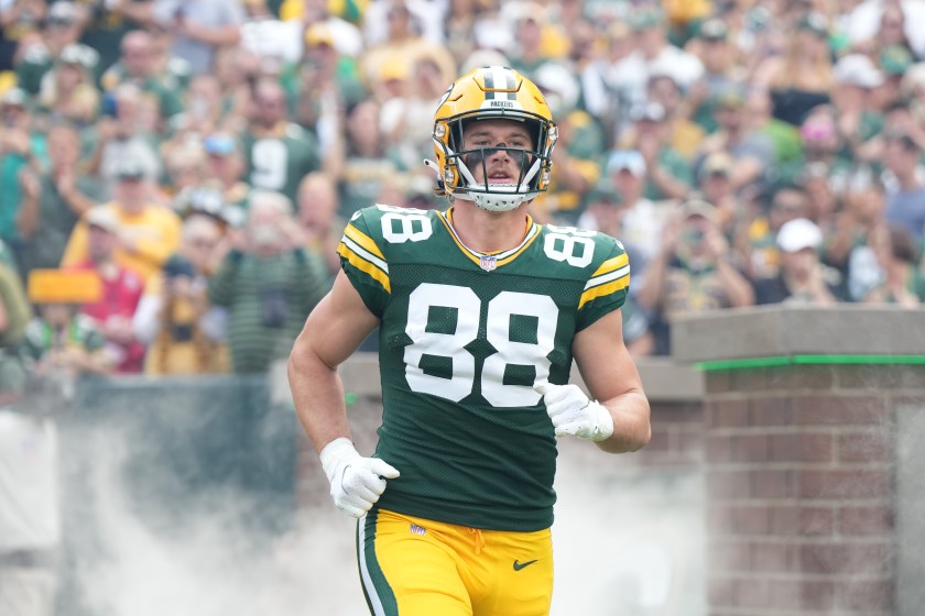 GREEN BAY, WI - SEPTEMBER 24: Luke Musgrave #88 of the Green Bay Packers exits the tunnel prior to an NFL football game against the New Orleans Saints at Lambeau Field on September 24, 2023 in Green Bay, Wisconsin. 