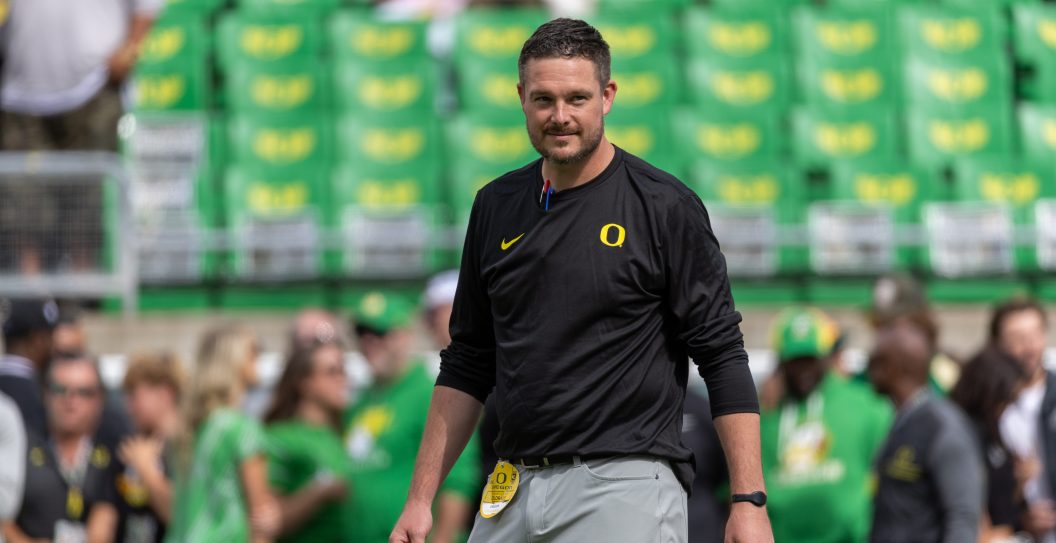 EUGENE, OREGON - SEPTEMBER 23: Head coach Dan Lanning of the Oregon Ducks walks on the field against the Colorado Buffaloes during the first half at Autzen Stadium on September 23, 2023 in Eugene, Oregon.