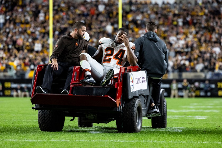 PITTSBURGH, PENNSYLVANIA - SEPTEMBER 18: Nick Chubb #24 of the Cleveland Browns is carted off of the field after hurting his knee during the second quarter of the game against the Pittsburgh Steelers at Acrisure Stadium on September 18, 2023 in Pittsburgh, Pennsylvania. 