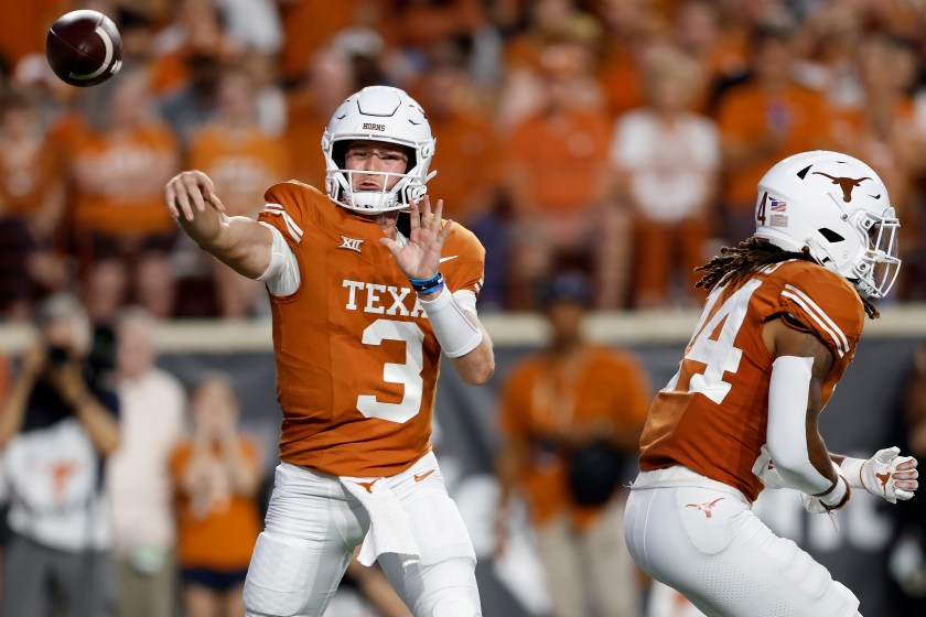 AUSTIN, TEXAS - SEPTEMBER 16: Quinn Ewers #3 of the Texas Longhorns throws a pass in the first half against the Wyoming Cowboys at Darrell K Royal-Texas Memorial Stadium on September 16, 2023 in Austin, Texas. 