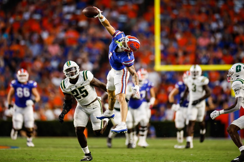 GAINESVILLE, FLORIDA - SEPTEMBER 23: Ricky Pearsall #1 of the Florida Gators catches a pass against Prince Bemah #25 of the Charlotte 49ers during the first halfof a game at Ben Hill Griffin Stadium on September 23, 2023 in Gainesville, Florida. 