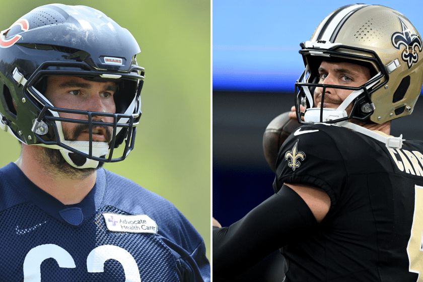 Helmets used by Bears OL Lucas Patrick and Saints QB Derek Carr to deal with concussions.